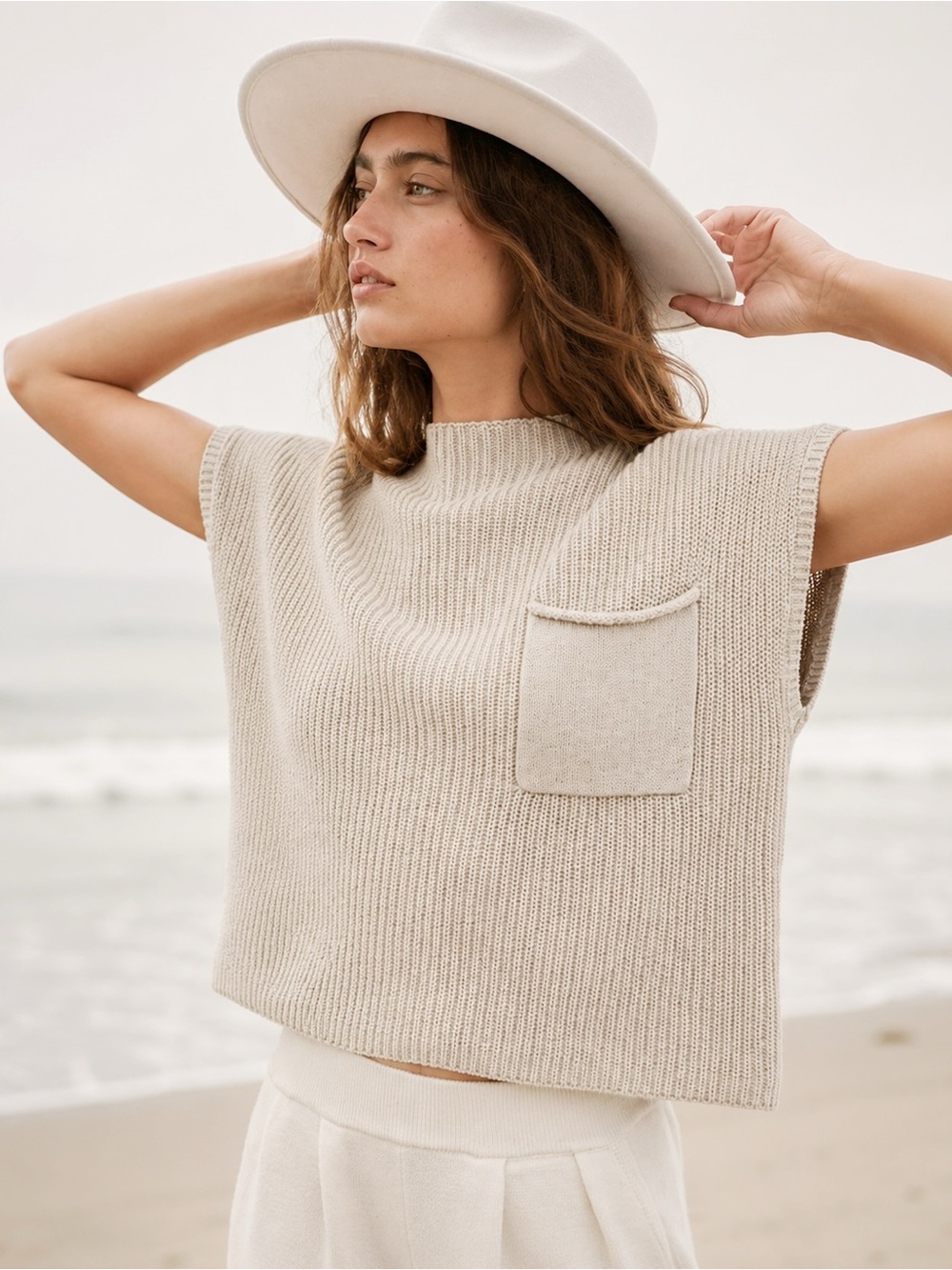 Free People Woman Cream Ribbed Cotton Relax Boxy Knit Top LARGE Preppy Boho